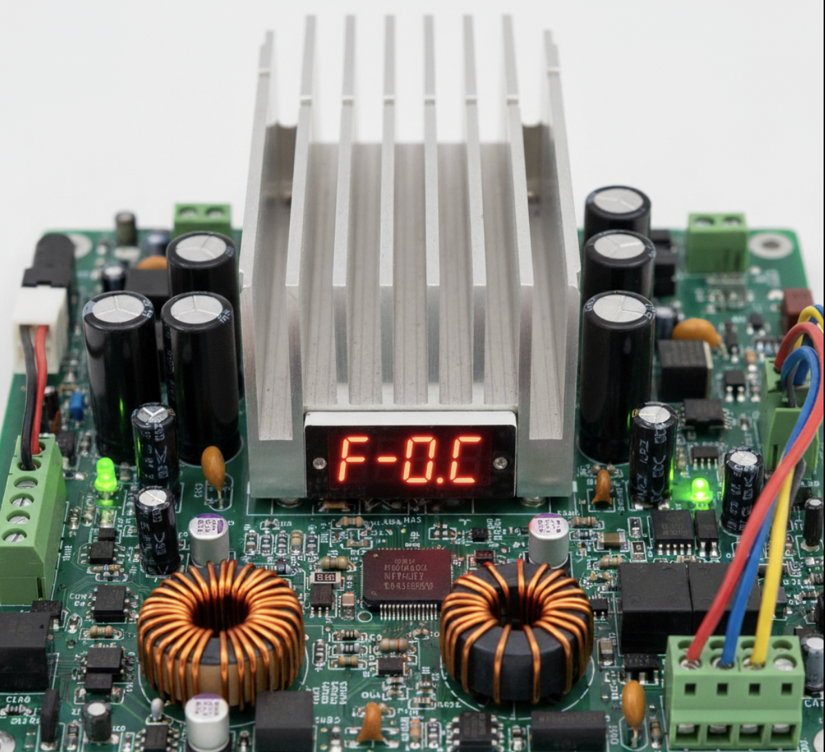 Close-up of a green circuit board with various electronic components, displaying 'F-OC' on a red digital screen.